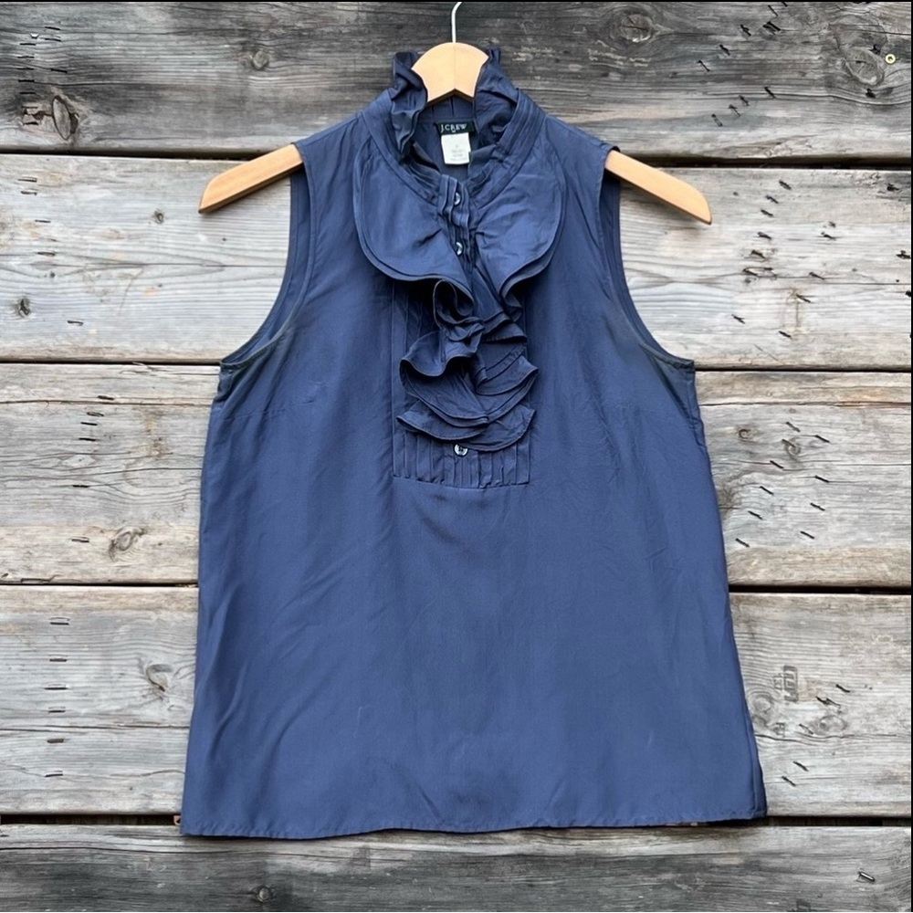 J. Crew Silk Ruffle Neckline Blue Formal Tank Top Women’s Size 2